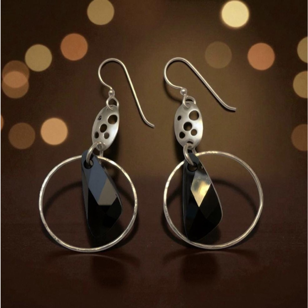 Elegant Black Crystal Drop Hoop 925 Earrings
